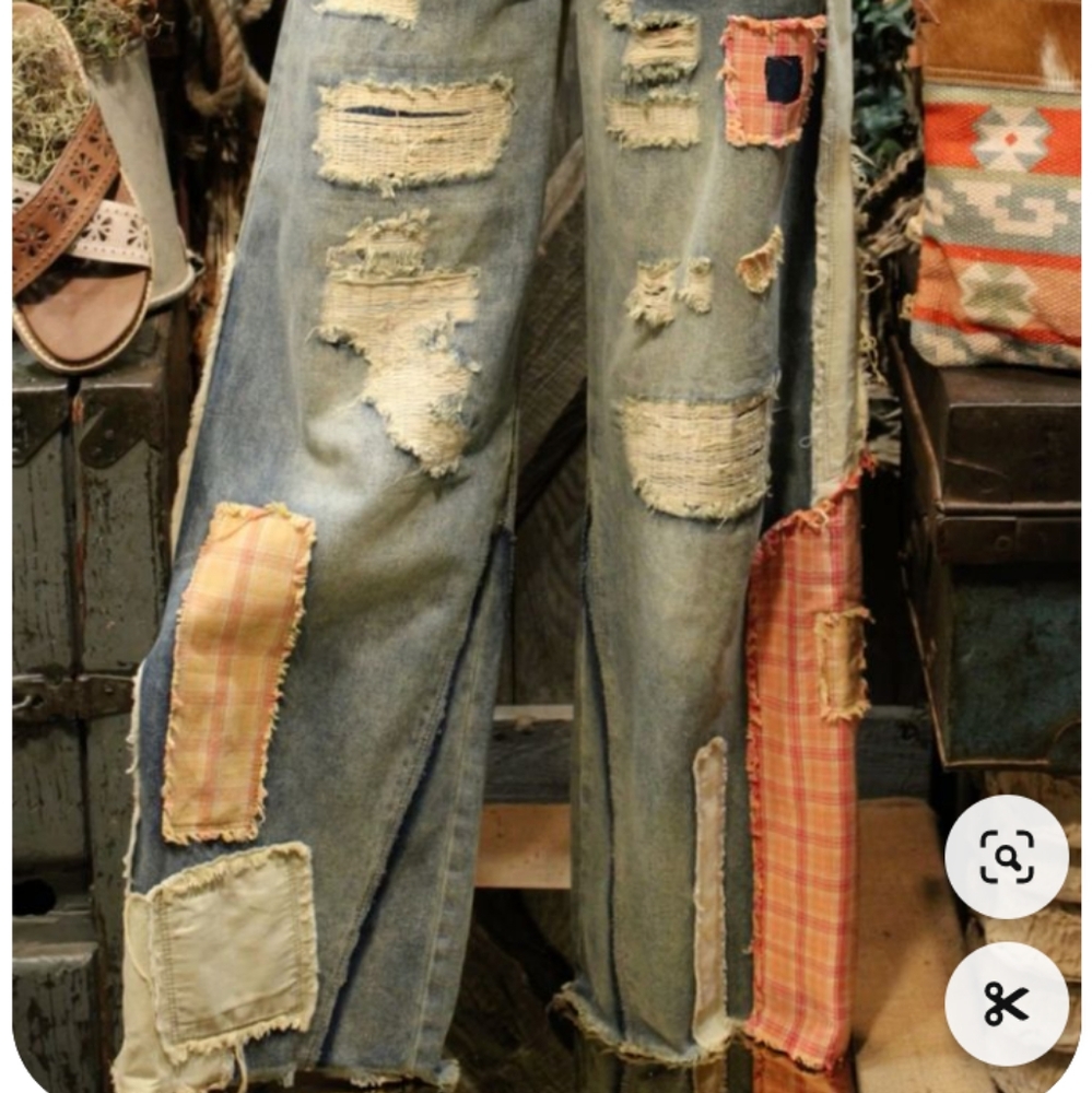 Light Blue Distressed Wide Leg Jeans with Patchwork and Rips. Nwot